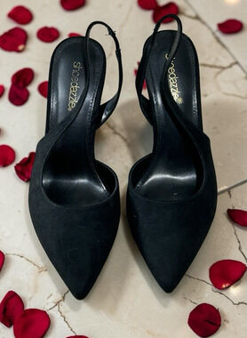 Shoe Dazzle Black Brit Sling-Back Flared Pump Heels Sz 8 Faux Suede 4" Heel